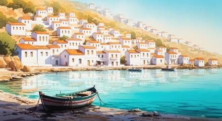 Coastal Village with White Houses and Boats in Calm Water Under Sunny Sky