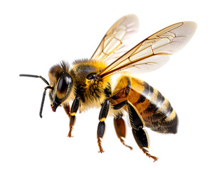 Realistic Honey Bee Flying with Wings Spread, Side View, Isolated on Transparent Background