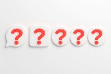 A row of five white speech bubbles with bright red question marks inside them on a clean white background
