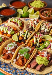 Fototapeta premium A delicious assortment of freshly prepared tacos and dips