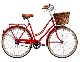 Classic Red City Bicycle Side View with Basket, Upright Position, Isolated on Transparent Background