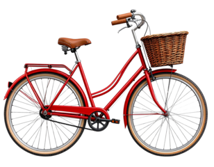 Classic Red City Bicycle Side View with Basket, Upright Position, Isolated on Transparent Background