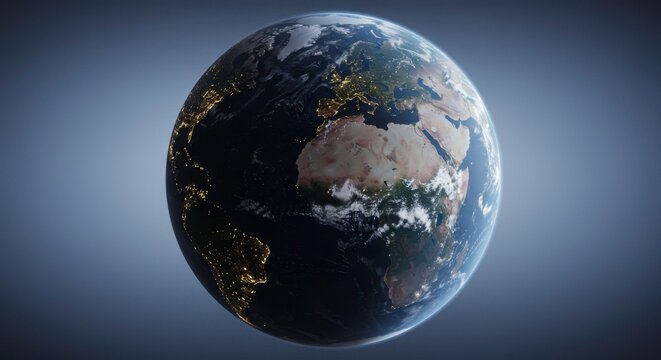 Detailed Earth Render Showcasing Continents and Night Lights of Major Cities Globally