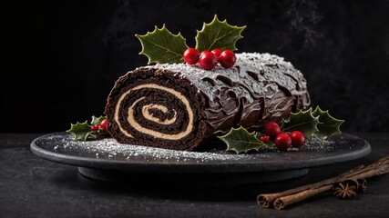 Festive chocolate yule registration with holly garnish, red berries, powder powder. Traditional Christmas dessert