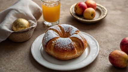 Powdered sugar-dusted star-shaped bread, golden chocolate egg, crimson apples, fresh orange juice composing holiday morning scene