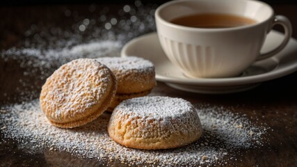 Spanish Shortbread with powdered sugar resting close to steamed tea, embodying warm seasonal comfort and festive joy