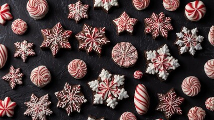 Peppermint bark and chocolate fudge decorated with snowflakes pattern creating a festive christmas sweets background