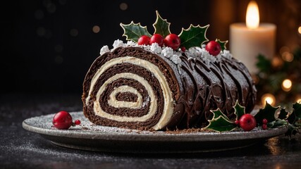 Yule chocolate log adorned with holly, red berries and powdered sugar. Elegant Brilliant Christmas dessert with Christmas Spirit