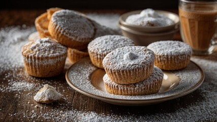 Spanish Shortbread sprayed with powdered sugar, on a table next to Capuchino for steamed on the rustic wood surface