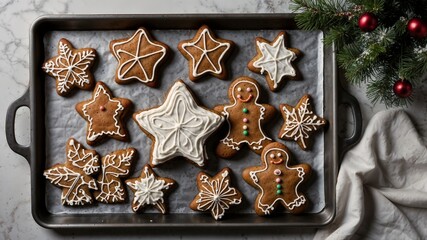 Delicious homemade christmas cookies on baking tray, decorated with white icing and colorful candies