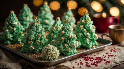 Festive merengue Christmas trees decorated with gold stars, on a baking tray, creating a sweet Christmas scene