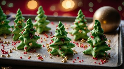 Miniature meringue christmas trees adorned with red, gold sprinkles resting on baking sheet, festive holiday dessert