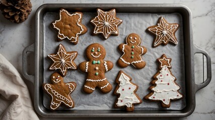 Gingerbread cookies with Christmas decorations on bakery tray