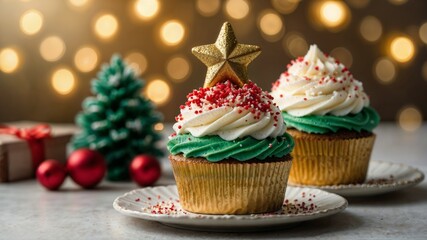 Christmas cupcakes decorated with glaze and sparks, on a dish in front of a Christmas tree and a gift