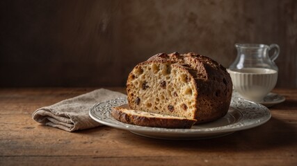Festive Christmas bread with raisins, on a jug of milk in rustic dishes, highlighting the warmth of the seasonal bakery