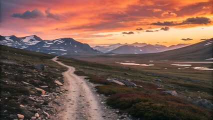 open tundra path at sunset with rocky terrain