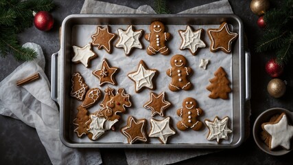 Festive holiday baking scene featuring gingerbread men and star cookies with white icing, nestled among christmas ornaments and cinnamon sticks