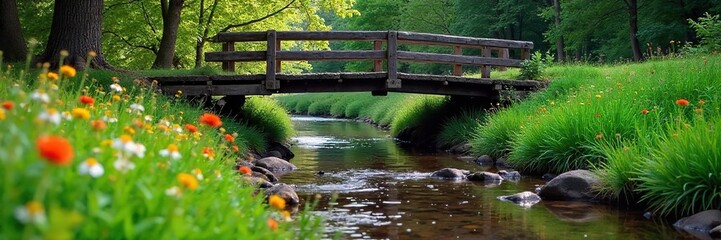 Serene scene of a creek flowing gently under a rustic wooden bridge, surrounded by lush green foliage and wildflowers Ideal for nature, tranquility, and rural themes , peace, summer