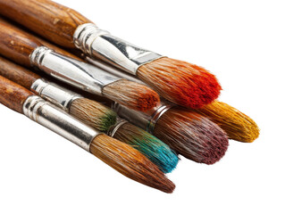 Fototapeta premium Old paintbrush, wooden handle, colorful bristle, art tool, isolated, closeup, creativity