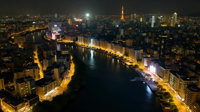 Tokyo Japan Sumida River night top aerial view spectacle nocturnal Tokyo Sumida River night fusion nature urbanity. Sumida River night where Tokyo's nightlife shines bustling with activity.