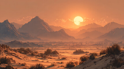 Naklejka premium golden hour desert sunset over serene landscape glowing sand dunes peaceful horizon warm sunlight capturing scenic beauty and nature outdoors