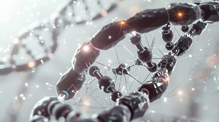 Illustration of a futuristic DNA strand in a high-tech style with bright light and detail