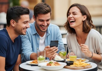 Friends sharing laughter and food while looking at a smartphone