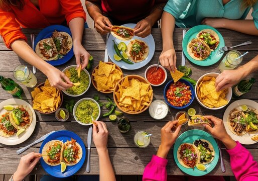 Overhead view of a vibrant family gathering enjoying a delicious taco feast