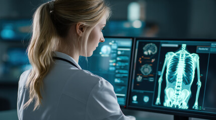 Female medical technician reviewing digital full body X ray and brain scans on dual monitors in clinical imaging lab, thoughtful expression and cool blue white lighting