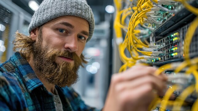 Focused IT specialist in a climatecontrolled server room replacing storage devices and running system checks for efficient data management and operational stability.