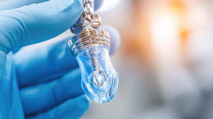 Gloved hand calibrating medical infusion device in sterile studio with soft blue lighting, precision adjustment conveying careful professional care and technical control