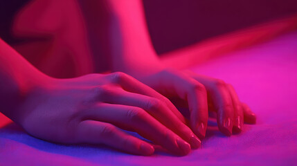 Hands manicure female hand on fabric lit by neon pink and blue light creating intimate moody scene with soft glow and detailed skin texture