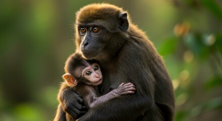 Fototapeta premium Heartwarming portrait of a mother monkey tenderly cradling her adorable baby in natural habitat