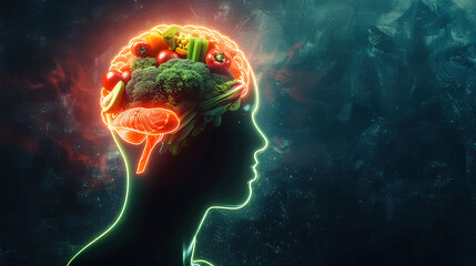 Obraz premium Silhouette of head with brain transformed into vibrant fruits and vegetables