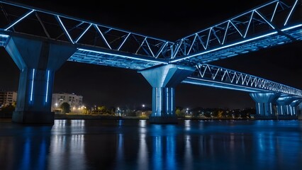 Fototapeta premium Modern Futuristic Bridge Illuminated with Blue LED Lights Over River at Night