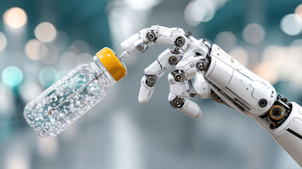 Robotic hand holding baby bottle with healing serum