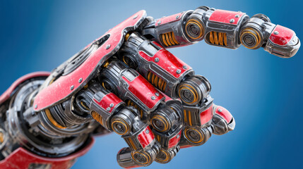 Robotic hand metal finger pointing with red panels and exposed gears in clean sci fi medical lab mood expressing precision and curiosity