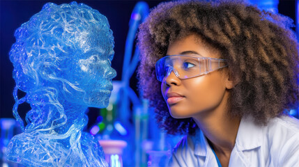 Young scientist in lab coat wearing safety glasses studies translucent holographic head model with curiosity and wonder in futuristic laboratory setting