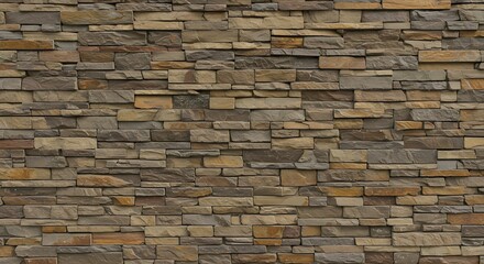 Fototapeta premium Close up of a wall made of rectangular stones in varying shades of brown and tan arranged horizontally