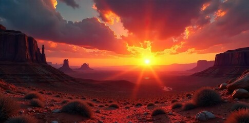 Fiery Desert Sunset Aries Zodiac Sign, Rugged Landscape, Dramatic Lighting, Powerful Image