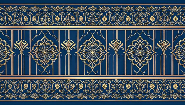 Ornate decorative border with gold filigree on a navy background - Powered by Adobe