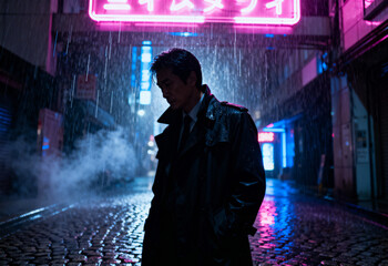 Moody young Asian man in trench coat walking alone at night in neon-lit rainy alley with cobblestone street and steam, feeling melancholic in urban cityscape