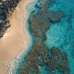 Aerial drone view of turquoise reef coastline with sandy beach and rocky outcrop under midday sun, serene natural seascape with clear shallow water and textured coral formations