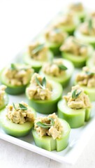 Fresh cucumber rounds, artfully arranged on a platter, filled with a light, creamy spread, garnished with sprigs of herbs.