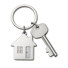 Silver House Shaped Keychain with a Key on a Grey Background home real estate isolated on a transparent background