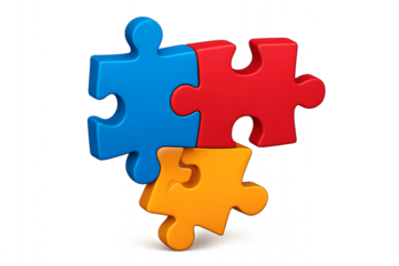 Three Interlocking Puzzle Pieces in Blue Red and Orange on White Background connection isolated on a transparent background