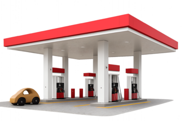 Modern Gas Station Canopy With Red Trim and Fuel Pumps and Cartoon Car service station isolated on a transparent background