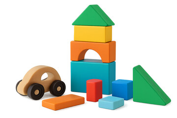 Wooden toy car and colorful building blocks stacked toys wooden car isolated on a transparent background