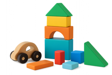 Wooden toy car and colorful building blocks stacked toys wooden car isolated on a transparent background