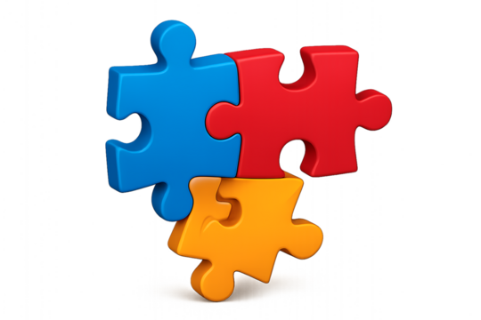 Three Interlocking Puzzle Pieces in Blue Red and Orange on White Background connection isolated on a transparent background